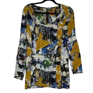 Tory  Burch 100% Silk Tunic Long Sleeve Multi-color Abstract Blouse Size 6